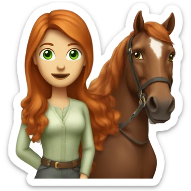 long-haired redhead woman with green eyes, on a horse back riding sticker