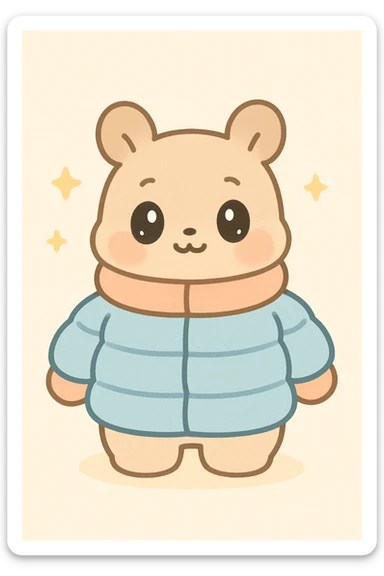 animal character wearing a thick padded jacket, cute and cozy sticker