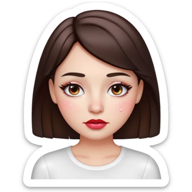 “Emoji brunette girl white top, dewy skin, heavy blush across cheeks and nose bridge, glossy cherry lips, soft eyeliner, teary sparkling eyes like hanni from new jeans sticker
