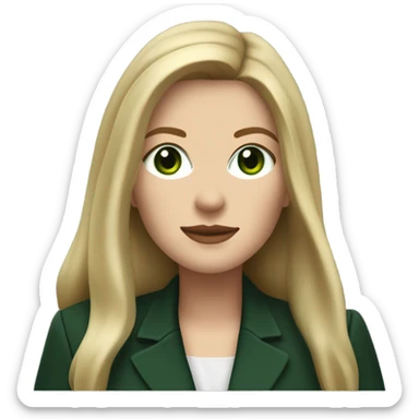 Realistic White woman with Long straight blonde hair and green eyes, dark green Wool oversize blazer, mini skirt and Brown heeled leather boots  sticker