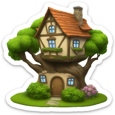 a fantasy house with a tree and bush  sticker