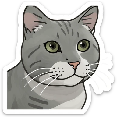 A gray striped cat sitting at a table drinking water from a mug sticker