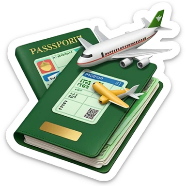 emoji of passport with airplane tickets sticking out, Apple emoji style, colors #173e12 and #c1a793, no text sticker