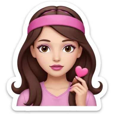Pink and clothes emoji, inspired with brunette hair, brown eyes, long hair, heart shape lips and pink make up  and pink nails, mauve pink blush and a chocolate brown bandw sticker