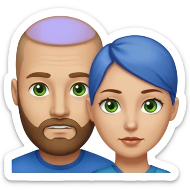 Man on left with shaved head with dark blonde beard and blue eyes, woman on the right with long dark brown hair green eyes  sticker