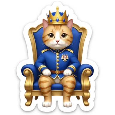"A regal anthropomorphic cat, dressed in a royal blue and gold military uniform, sitting on a lavish marble throne in a grand, dimly lit palace hall. Cinematic lighting, highly detailed, dramatic, 10 seconds, ultra-realistic."
​ sticker