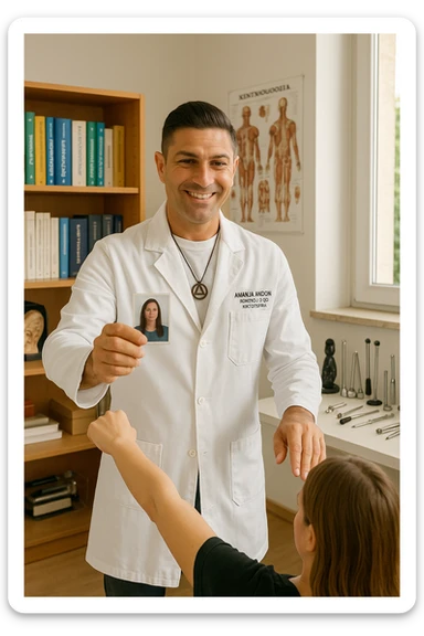 a middle-aged man, dressed in casual professional attire, is in a bright, organized therapy studio. Durante una visita di kinesiologia, il testimone tiene con una mano la foto di una persona lontana (il “testimone”) tiene la foto in mano, mentre con l’altra mano esegue un test muscolare su un cliente presente. Sullo sfondo si vedono libri di kinesiologia, poster anatomici e strumenti tipici della disciplina. L’atmosfera è concentrata e serena, con luce naturale che entra dalla finestra, sottolineando l’aspetto alternativo e umano della pratica. sticker