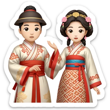 Cinematic Realistic scene of two performers engaging in Ganggangsullae, dressed in traditional Korean costumes with intricate patterns and graceful movements, illuminated by soft, festive lighting that accentuates the cultural ambiance sticker