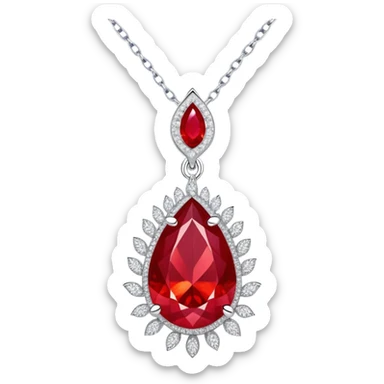 teardrop ruby pendant with fiery light, tiny phoenix feather emerging, haloed by shimmering white stones, and a silver chain sticker