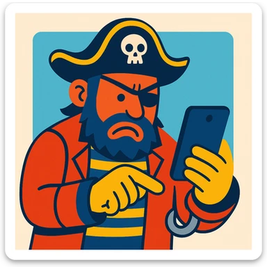 colorful comic style pirate with a hook hand poking at a smartphone, frustrated sticker