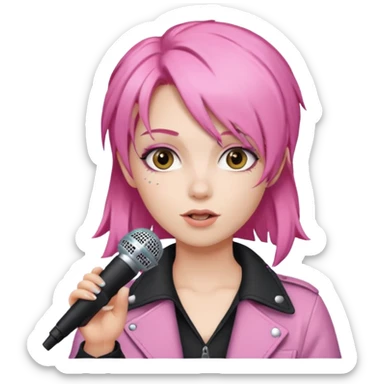 simple emoji of Jem from Jem and the Holograms, classic pink hair, holding a microphone sticker