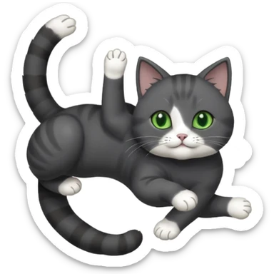 solid dark grey cat with green eyes, white toes/paws and white patch on her chest playfully rolling upside down sticker