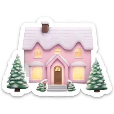 Pastel pink Christmas house with Christmas lights and evergreen trees sticker