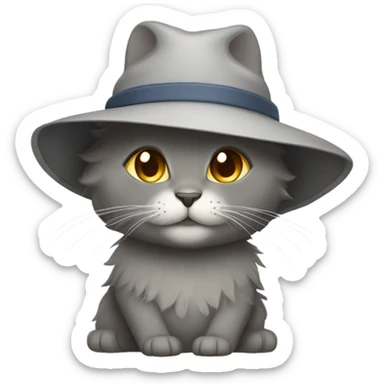 A grey fluffy cat wearing a sun hat sticker