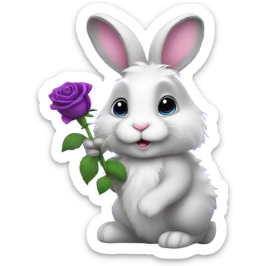 Fluffy Gray and white bunny holding a purple rose sticker