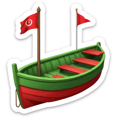 green boat in cartoon having a small place to live and a small red flag on it sticker