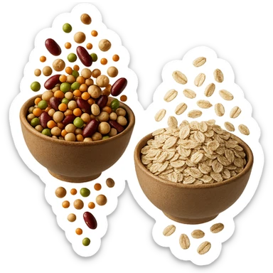 BOWL DI LEGUMI FLUTTUA IN ARIA INSIEME A BOWL DI FIOCCHI DI AVENA,  iperrealistico 4k sticker