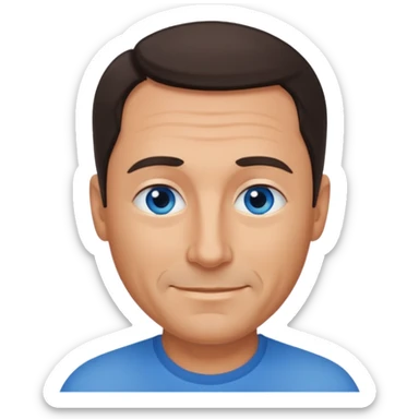 Middle aged man with tanned skin, receding dark hair and no beard, blue eyes, shy smile sticker