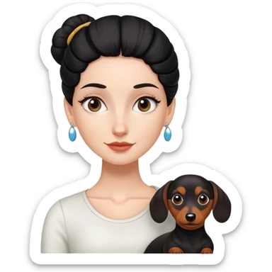 white  girl with black  bun, and a dachshund sticker