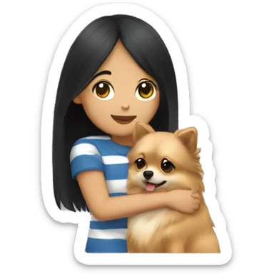 Girl hugging pomeranian. The girl has black hair and medium skin. She’s using a striped t-shirt. sticker
