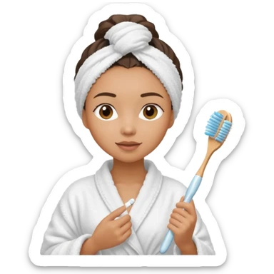 lightskin Women wearing shower robe and their hair with towel holding one brush sticker