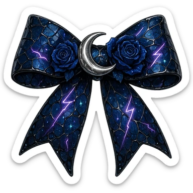 gothic bow with fractured deep blue glass, decorated with a silver crescent moon, midnight blue roses, iridescent holographic stardust, neon lightning bolts, wet shiny finish sticker