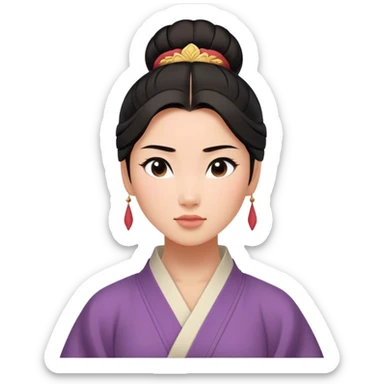 Cinematic Serene Mulan Portrait Emoji, rendered in a simplified vector style. Depict a gentle Mulan (chest and above) with warm, radiant skin, sleek dark hair pulled back in a neat bun, and a calm, thoughtful expression, wearing a simple traditional robe in muted hues. The design glows softly with an elegant, inviting light. sticker