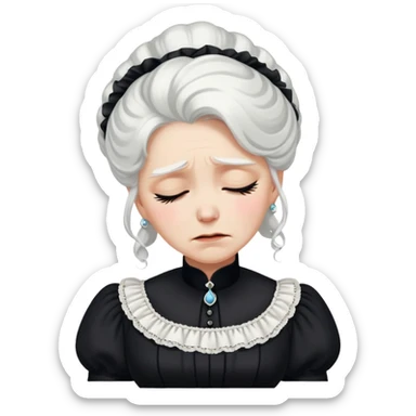 A Victorian woman with elegant coiffed white hair wearing a modest black mourning dress sobbing with tears streaming down her face sticker