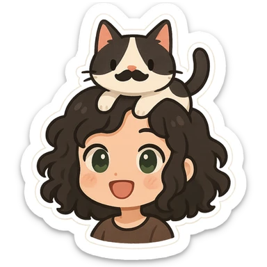 a white girl with black curly medium-length hair and green eyes, with a white-black cat on her head, the cat has a black mustache-shaped spot under its nose, modern illustration, cheerful mood sticker