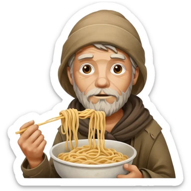 Homeless man holding raw noodles with poop sticker