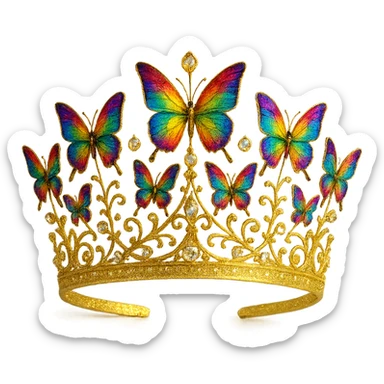 butterfly crown in shimmering gold with rainbow butterflies and crystal accents, radiant and regal sticker
