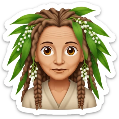 older woman with a tan, brown eyes, her hair and dreadlocks are made from lily of the valley sticker