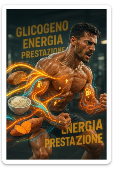Uomo atletico di circa 30 anni durante un allenamento intenso in palestra, con muscoli ben definiti e sudati. Intorno a lui si visualizzano flussi energetici colorati che partono da fonti di carboidrati (pane integrale, riso, patate dolci) e si dirigono verso i suoi muscoli. I muscoli appaiono attivi, tesi e in pieno sforzo, con piccoli simboli di 'carburante' o energia che entrano nei tessuti. Espressione concentrata e potente. Sullo sfondo, parole come 'glicogeno', 'energia', 'prestazione'. Atmosfera dinamica, intensa e positiva. in italiano sticker