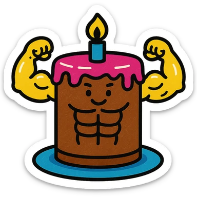Make the abs on the chocolate cake more realistic while keeping a vibrant bodybuilder cake style. Maintain a transparent background. sticker