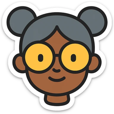 african american girl head with oversize glasses and gray hair in bunches, color outline icon sticker