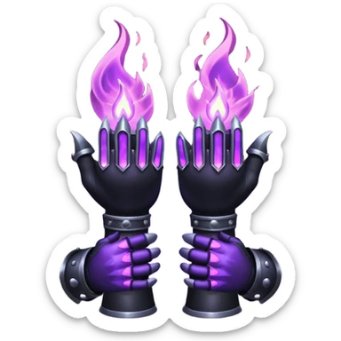 A Discord emoji of a pair of black armored gauntlets holding a flickering violet flame. The hands are positioned as if offering a gift. Dark gothic fantasy, glowing magical effects, high contrast, 2D vector style, white background. sticker
