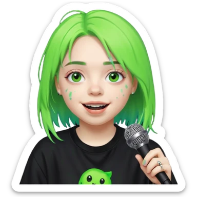 billie eilish is singing, holding mirco and smile, die hair neon lime sticker