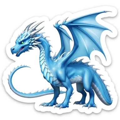 Cinematic Noble Fierce Ice Dragon full body Emoji, Poised and imposing, distinct long elegant snout, with a slender, scaled body shimmering in glacial hues of icy blue, frostbitten silver, and crystalline white, breathing out frost, with piercing, glowing eyes that radiate the chilling depths of an arctic storm; rendered in detail. displaying its wings sticker