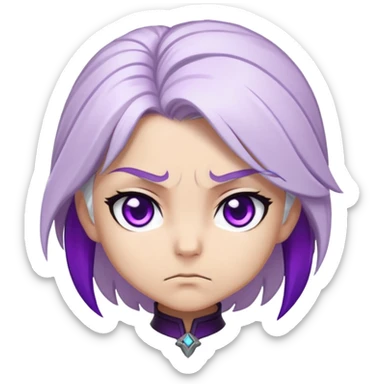 Chibi Sable Ward with intense focus expression, slightly furrowed brows, concentrated stare, white hair with purple streaks, fully purple eyes, determined look sticker