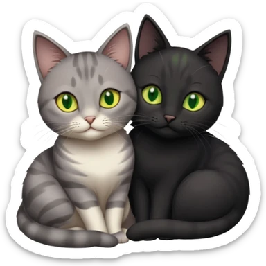 1 grey cat with green eyes and 1 black with yellow/green eyes cat cuddling sticker
