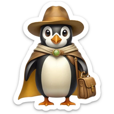 A explorer penguin inspired by Indiana Jones, wearing a weathered yellow enchanted hat and a flowing cape. It carries a leather satchel with ancient scrolls. Cartoon-style, smooth shading, highly detailed, no background sticker