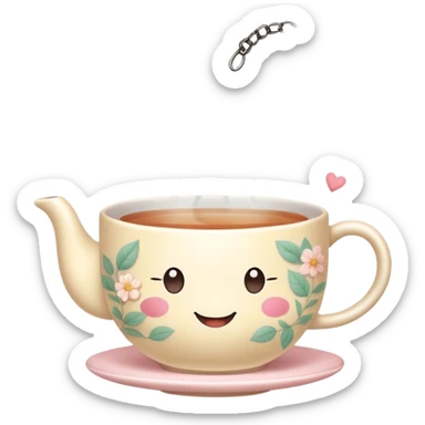 Cute Kawaii Tea Cup, steaming with warmth, a charming smiling face, soft pastel tones, delicate floral patterns, a tiny heart-shaped tea bag tag, cozy and inviting! sticker