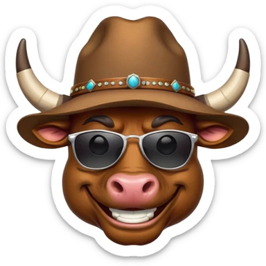 smiling bull head with prominent horns, dark sunglasses, and cowboy hat sticker