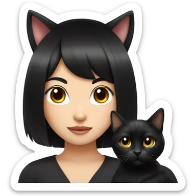 cat on asian girl long black hair with black cat sticker