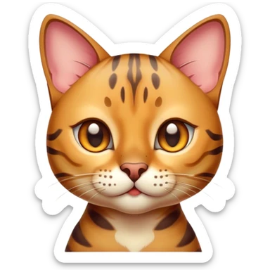 Cinematic Cute Bengal Cat Portrait Emoji, Playful and charming, sleek spotted brown and gold tones, Simplified yet adorable features, highly detailed, glowing with a warm, friendly glow, high shine, curious and affectionate, stylized with a touch of whimsy, head tilted in a playful and inquisitive manner, soft glowing outline, capturing the essence of a mischievous yet loving kitten, so endearing it feels like it could pounce out of the screen and play! sticker
