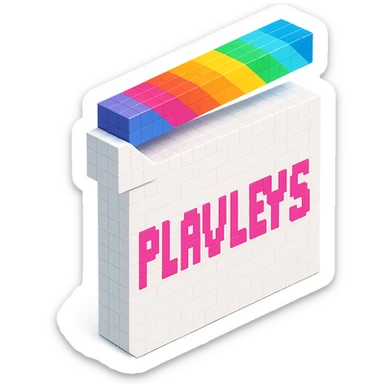 voxel style movie clapperboard, white body, rainbow striped lid, pink text 'PLAVLEYS', isometric view sticker