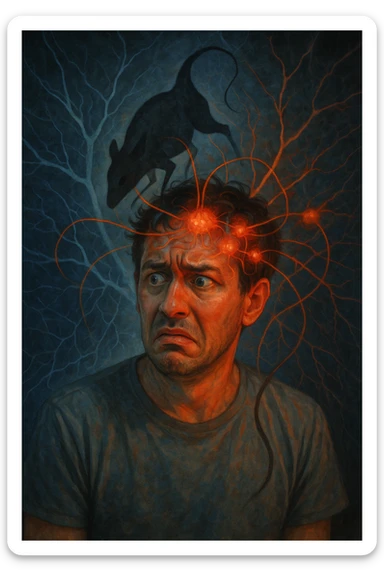 Uomo con espressione confusa e sbalzi emotivi visibili sul volto, in un ambiente surreale. Un'ombra astratta o un parassita trasparente (Toxoplasma gondii) si insinua nel cervello, con linee energetiche che influenzano le emozioni. Sfondo neurologico, atmosfera tesa, simbolismo mentale e parassitario. sticker