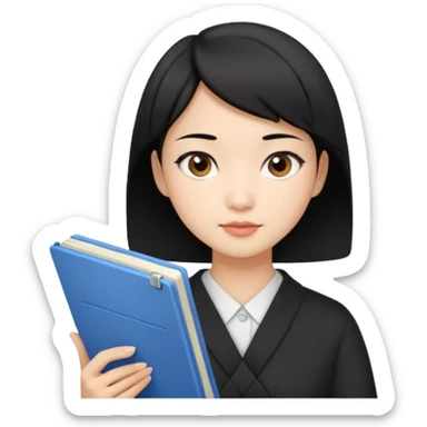 A young female guide with fair skin and short black hair from Asia, holding her guide in one hand sticker