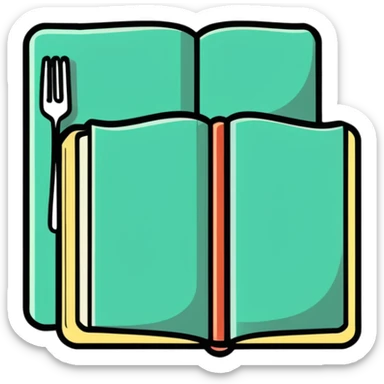 Closed cookbook with a fork and spoon symbol on the cover – collection of recipes sticker