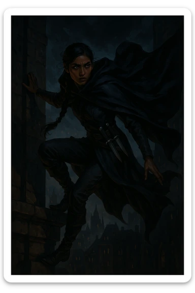 Inej Ghafa from Six of Crows, full body, in motion, climbing or balancing, dark cloak flowing, knives visible, city night background sticker